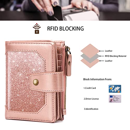 Image of Small Glitter Women Wallet,Bifold Purse RFID Blocking Credit Card Holder Wallet with Zipper Pocket,Rose Gold Glitter