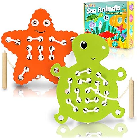 LESONG Toddler Threading Toys 2 Pack, Wooden Threading Toys with Storage Bag, Toddler Travel Toys for Plane, Montessori Educational Baby Toys, Airplane Travel Activities and Games Cover