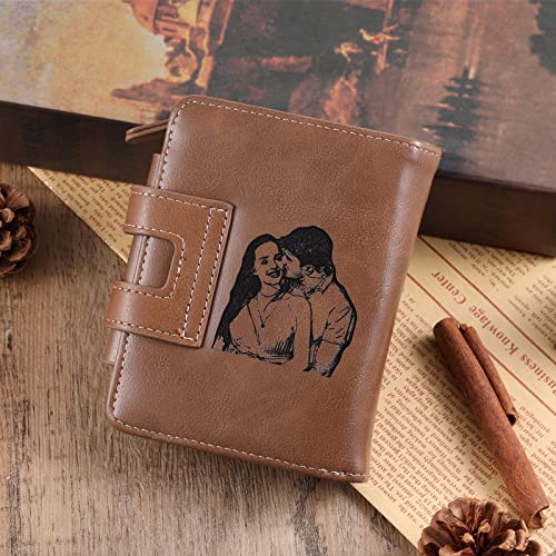 Nobelook Personalized Wallet for men Custom Engraved Mens Wallets with Photo Monogram Name Trifold Vertical Short Leather Wallet Lock Zipper Purse for Father Dad Husband Son BF4