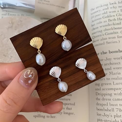 S925 Sterling Silver Seashell Pearl Drop Earrings for Women, Baroque Pearl Seashell Dangle Earrings, Cute Shell Earrings Studs, Shell Drop Earrings2