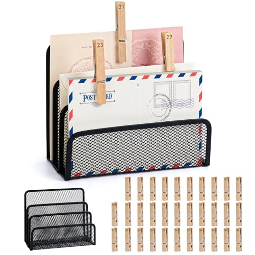 3-Slot Desktop Bill Holder with 32 Numbered Date Clips (1-31) & 1 Blank Wooden Clips Black Metal Mail Sorter Desktop Letter Organizer Vertical Fits Bill Document Filing Folders Paper for Office Home