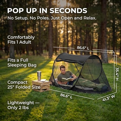 Image of Pop up Mosquito Tent for Camping, 86.6 x 41 x 35 Inch Bug Net Tent with Instant Automatic Setup, Lightweight Portable Screen Net Fits Most Camping Cot for Outdoor Hiking Travel(Black)