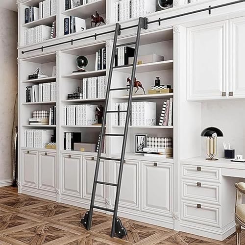 Home Library Ladder Hardware Kit - 8ft Rolling Track System for Office/Wine Cellar/Closet, Durable Carbon Steel Round Tube, Black (Ladders Not Included)