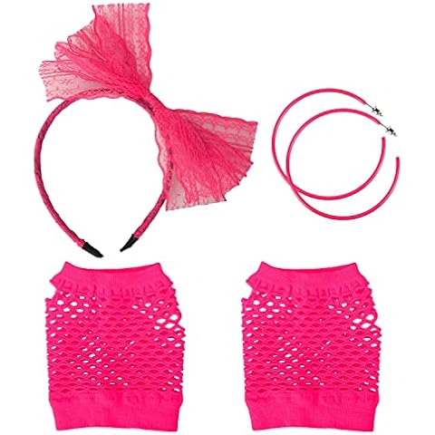 Fvomye 3 Pieces 80s Fancy Dress Retro Accessories Set Neon Fishnet Gloves Lace Bow Headband Neon Earrings for 80s Costume Accessories (Rose Red) Cover