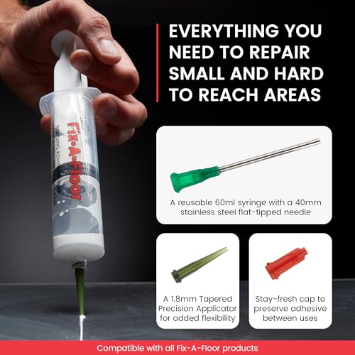 Fix-A-Floor 60ml Spritzenklebeapplikator-Kit mit flacher Edelstahlnadel, Kunststoffapplikator und Verschlusskappe - ideal für Bereiche mit dünnen Mörtellinien