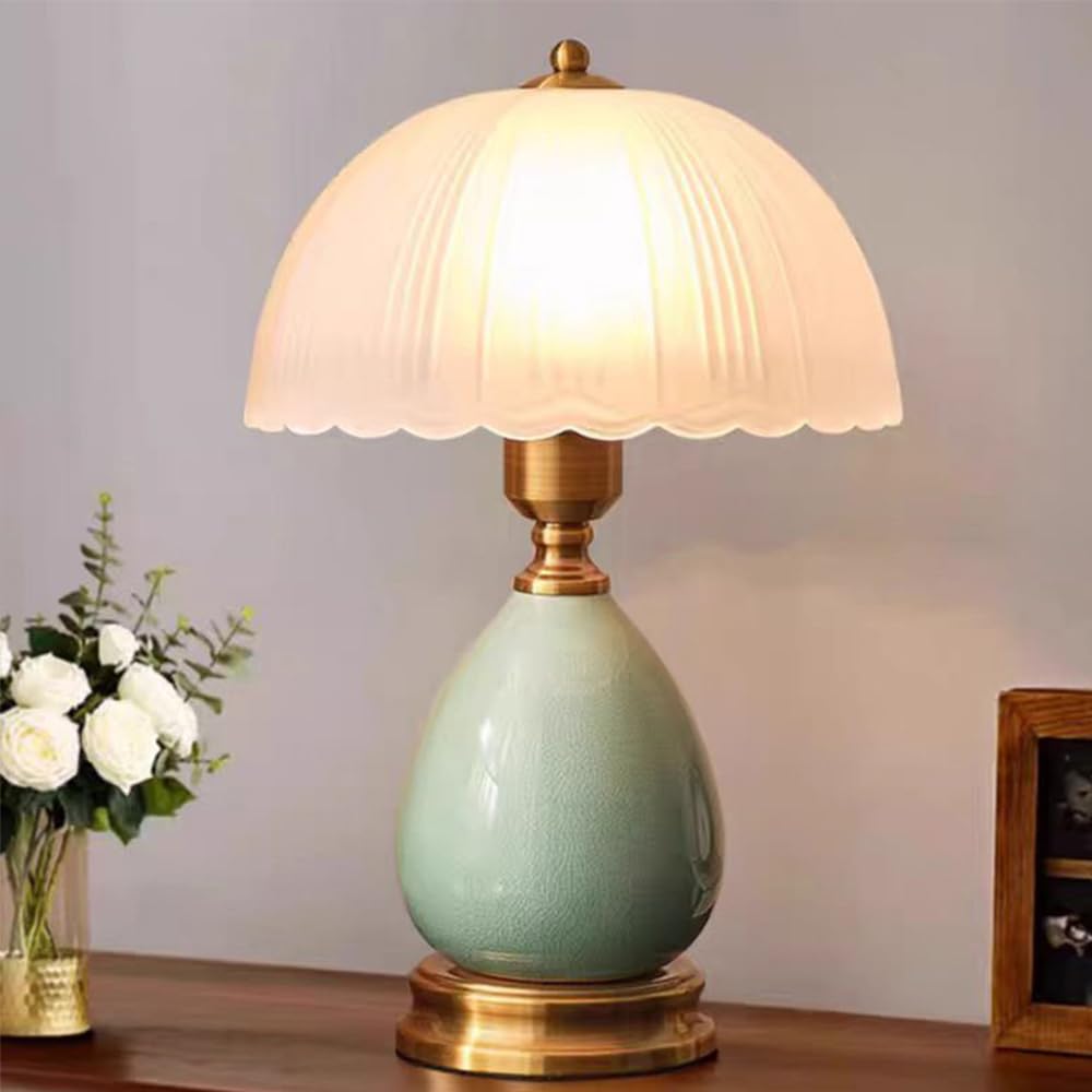 Lampada Da Comodino A Fungo In Vetro E Ceramica - Design Moderno, Luce Soffusa, Colore Bianco/Blu