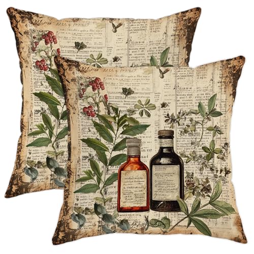 Vintage Botanical Pillow Covers Set of 2, Herbal Extracts Green Nature Throw Pillows Case, Seasonal Decorative Square Farmhouse Decor Cushion Covers for Home Sofa Bed Couch 16x16 Inch