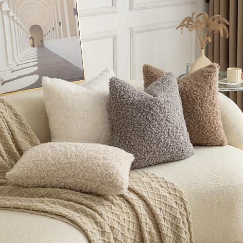 Image of Pack of 2 Curly Teddy Wool Faux Fur Throw Pillow Covers Fuzzy Accent Soft Sherpa Pillowcases Sheepskin Fleece Decorative Cushion Case for Sofa Couch Living Room 12x20 Inch Light Grey