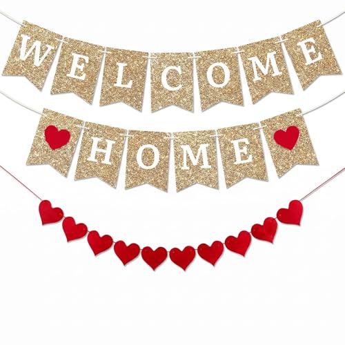 Gold Welcome Home Banner 8ft - Glitter Banner Ready to Hang for Housewarming Military Homecoming & Family Celebrations