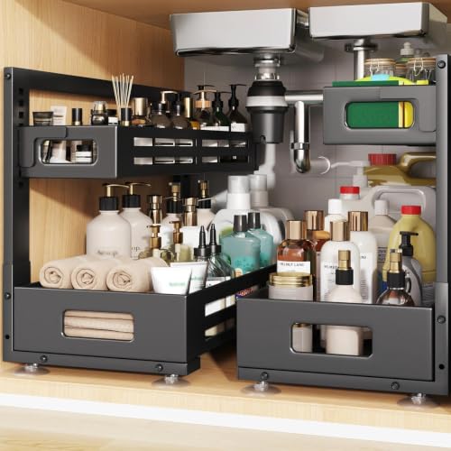 Image of 2 Pack 21IN-Depth Under Sink Organizer,Pull Out Cabinet Organizer With Smooth Cylindrical Rail,Metal Slide Out Drawer for Kitchen Bathroom Laundry,8-Level Tool Free Height Adjustable-Black