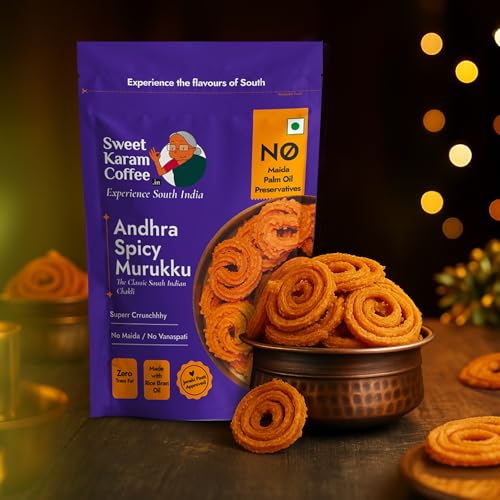 Image of Sweet Karam Coffee Andhra Spicy Murukku - 95grams | No Palm Oil or Preservatives | South Indian Chakli Snack | Crispy & Spicy Tea-Time Namkeen | Festive Special | Homemade Crunchy Treat