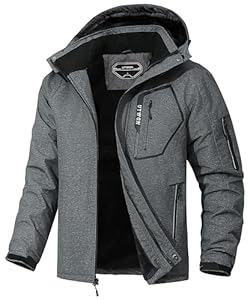 UTWGN Herren Skijacke Winter Warm Schneemantel Wasserdicht Windbreaker Kapuze Arbeit Outerwear Snowboardjacken, Dunkelgrau meliert, XXL