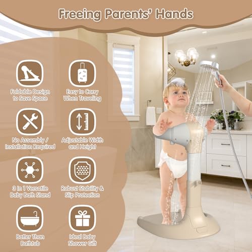 Image of Foldable Baby Shower Stand Support, Adjustable Baby Bath Stand, No Assembly Toddler Bathtub Standing, Anti-Slip Soporte para Banera de Bebe, Toddler Standing Up Shower Support for Babies (Khaki)