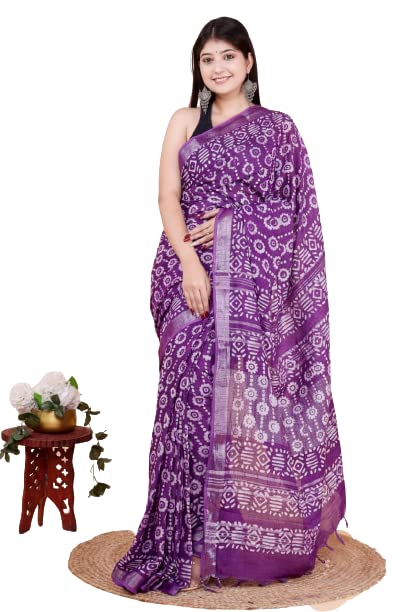 Buy cotton india Women's Hand Block Print Chanderi Linen Saree with ...