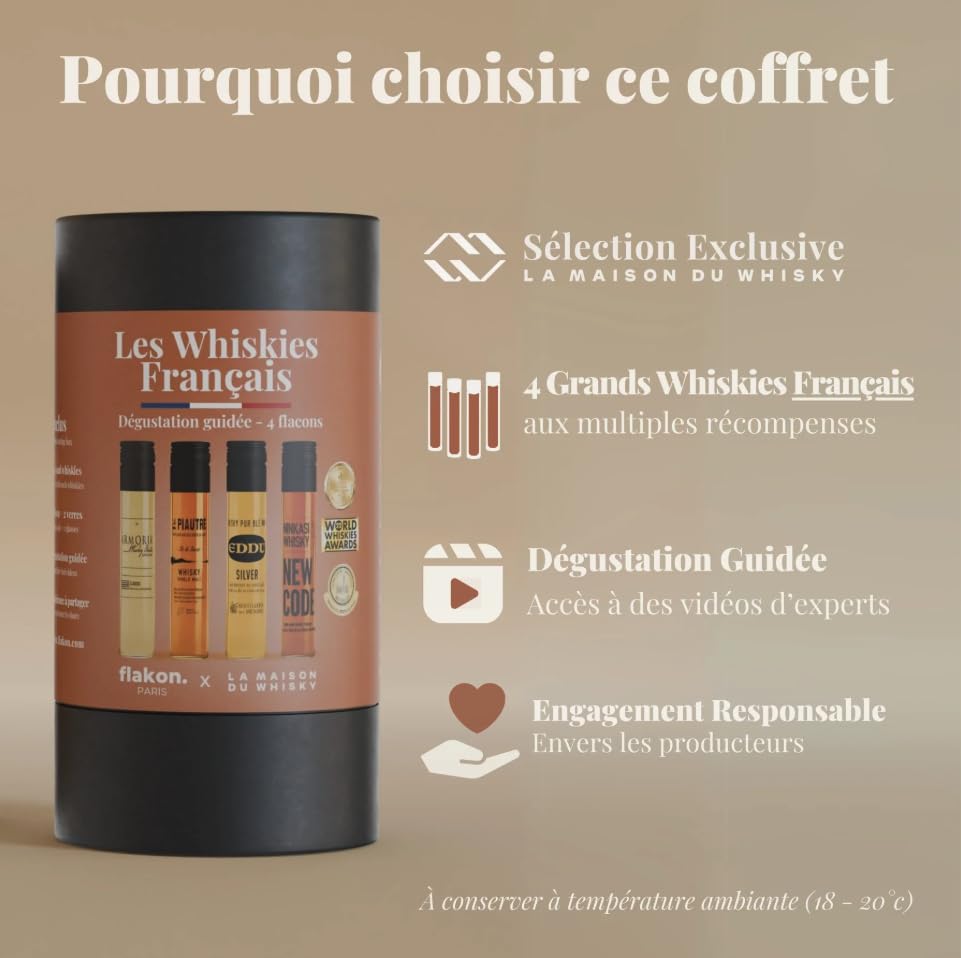 FLAKON Les Whiskies Français – Coffret Dégustation de 4 Flacons 50 ml – Whiskies Artisanaux de France Sélectionnés par La Maison du Whisky – Dégustation Guidée par un MOF – Idée Cadeau Homme Premium