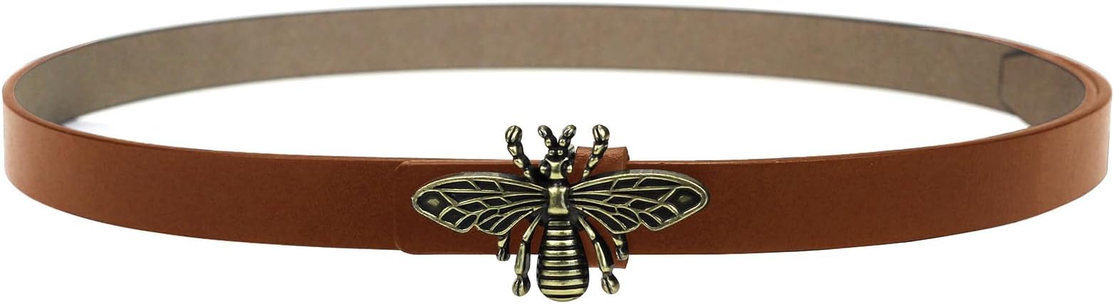 Women's 0.7" Thin Vintage Copper Bee Buckle Leather Belts Casual Dress