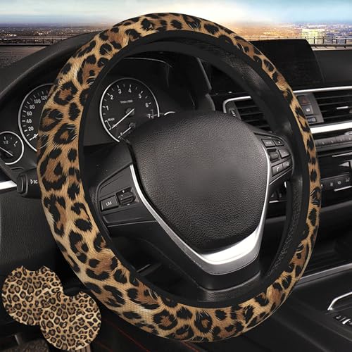 Leopard Print Steering Wheel Cover - Cheetah Steering Wheel Protector Neoprene 15Inch Car Accessories 2 Pcs Car Coasters for Women Men