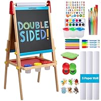 Blue Squid Art Easel for Kids with Paper Roll x 3, Includes 100+ Accessories, Double Sided Adjustable Wooden Painting Easel with Magnetic Chalk Board, White Board for Toddlers Ages 3,4,5,6,7,8,9,10,12