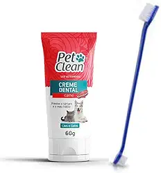 Kit Creme Dental Carne Pet Clean e Escova de Dente Previne o Mau Hálito Higiene Bucal para Cachorros e Gatos