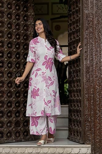 Image of Women's Floral Print Rayon Kurta Palazzo, Round Neck Half Sleeve, Regular Fit, Ethnic Casual Wear