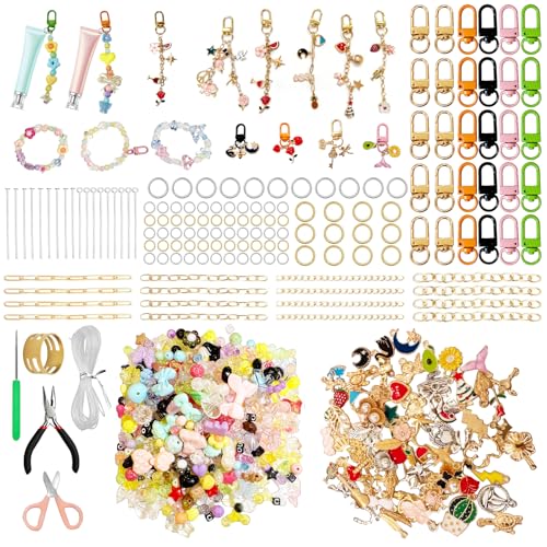 Aucscott DIY Keychain Making Kit with Charms for Girls, Aesthetic Personalized Lip Gloss Bracelet Bag Charms Personalized Cute Keychains Craft Kit Gift for Teens, Besties, Friends & Birthday