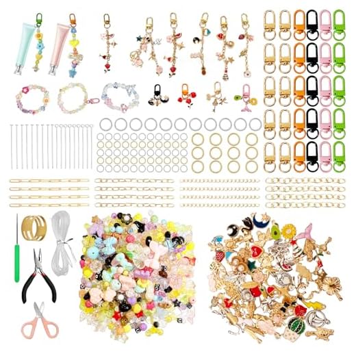 Aucscott DIY Keychain Making Kit with Charms for Girls, Aesthetic Personalized Lip Gloss Bracelet Bag Charms Personalized Cute Keychains Craft Kit Gift for Teens, Besties, Friends & Birthday
