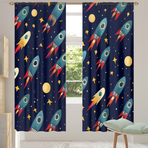Mexpekil Cortinas traslúcidas con diseño de naves espaciales y estrellas para sala de estar, dormitorio, cortina de gasa filtrante de luz con bolsillo para barra, cortinas de privacidad para ventana