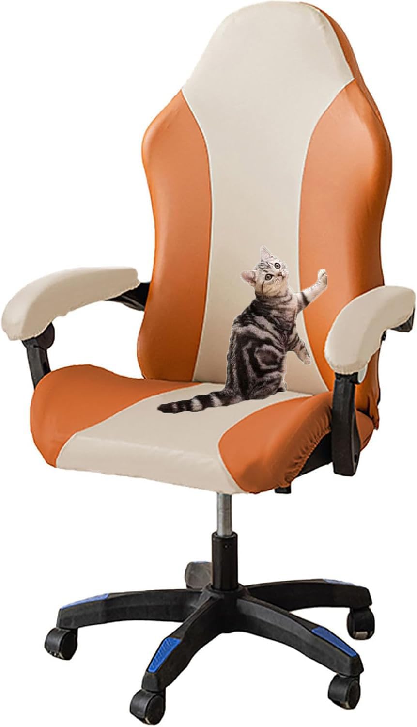 YOPOIY Gaming Chair Cover Cat Scratch Proof Waterproof, PU Leather Computer Chair Cover with Armrest Covers Stretch Rotating Chair Slipcovers (3,one size)