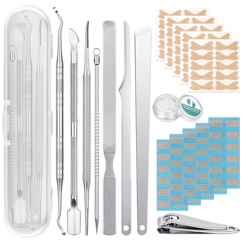 Beugo Juego de Uñas Encarnadas, 168 PCS Uego de Correctores de Uñas Encarnadas, 7 en 1 kit de pedicura en acero inoxidable, 50 tiras alisadoras de uñas sin dolor y 1 cortaúñas, set pedicura