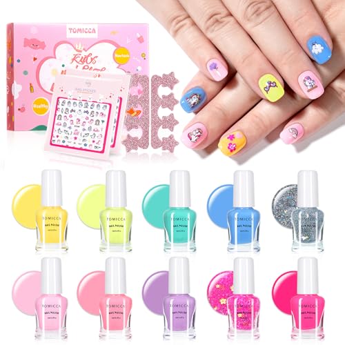 TOMICCA Kids Nail Polish Set, Non Toxic Quick Dry Water-Based Peel-Off 10 Colors Toddler Nail Polish Kit Natural Safe Quick Diy Kids Gifts Kit for Girls Ages 5+