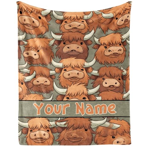 Homieblanket Coperta personalizzata con motivo mucca delle Highland con nome per ragazzi e ragazze, design a tema mucca delle Highland personalizzata, coperta stampata per bambini, sedia divano,