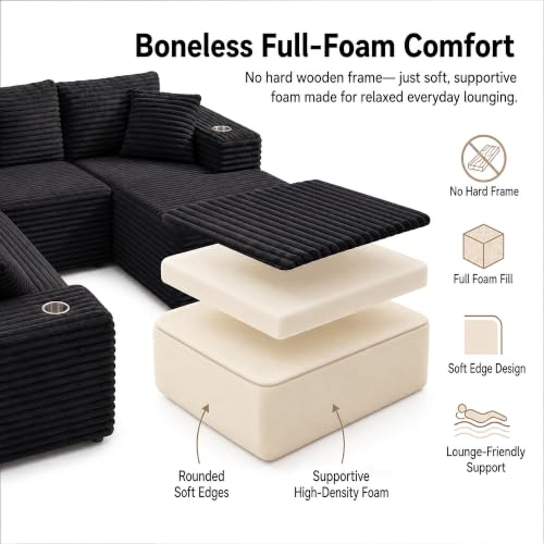 Image of 122 inch Oversized Cloud Sectional Couch for Living Room, 7 Seater U Shaped Sofa Modular Boneless Couch with Chaise | Deep Seater | Cup Holder | Side Pocket | No Assembly | Plus Corduroy, Black