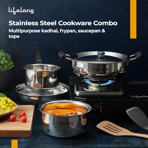 Lifelong 4 Pc Stainless Steel Cookware Set | 2.2L Kadhai with Lid 22cm | 1.4L Fry Pan 22cm | 1.2L Saucepan 14cm |1.4L Tope 16cm | Comes with Common... - Image 3