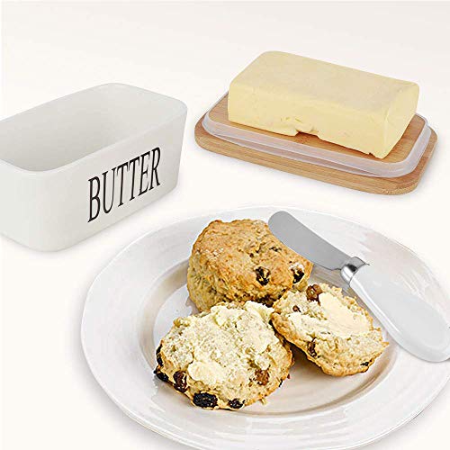 SZUAH Porcelain Butter Dish with Lid and Knife, 500ml, Large Butter Keeper Container, Butter Dishes with Covers for Countertop Silicone Sealing, Dishwasher Safe, White, Natural Bamboo