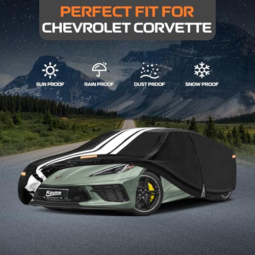 Image of Kayme Chevrolet Corvette Car Cover Waterproof All Weather | Custom Fit for Corvette Coupe Convertible Targa C4 /C5 /C7 /C8 (1968-2026), Gift with Tape /Towel, Rain Snow Sun UV Protection.