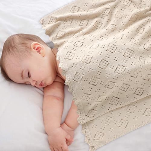 Image of mimixiong Baby Swaddle Blanket 100% Cotton Gender Neutral Pointelle Receiving Blanket for Boys Girls Cuddle Stroller Crib Blanket (Oatmeal)