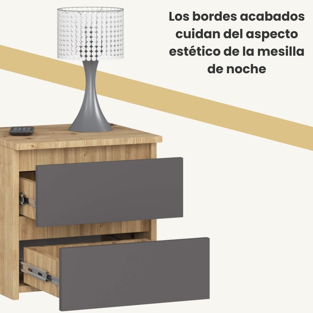 AKORD | Mesita de Noche pequeña con 2 cajones | Armario de Dormitorio | Mueble Multiusos | CajoNero Escritorio | 40 x 40 x 35 cm | Laminado de aglomerado de 16 mm | Roble Artisan