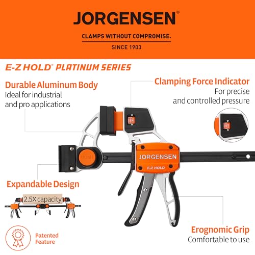 Image of Jorgensen E-Z Hold 400LBS 6 Inch Aluminum Handle Bar Clamps for Woodworking, 2-Pack One-Handed Medium Duty F Clamps Set, Expandable Clamp /Spreader with Load Limit Indicator, Woodworking Bar Clamps