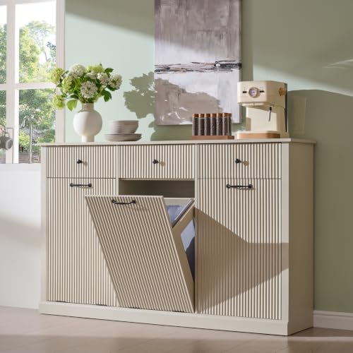 Image of IFBUY Triple Tilt Out Laundry Hamper Cabinet, Trash Can Cabinet, Cream