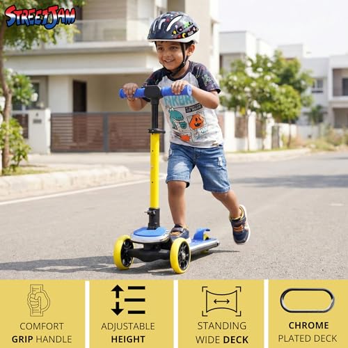 Image of STREETJAM Kurbee Kids Kick Scooter for 3-12 Years, Dazzling Chrome-Finished Deck (1st Time in India), BIS Approved, Extra Wide Deck, Two-Tone Design, Up to 50 kg Load (Blue with Golden Yellow)
