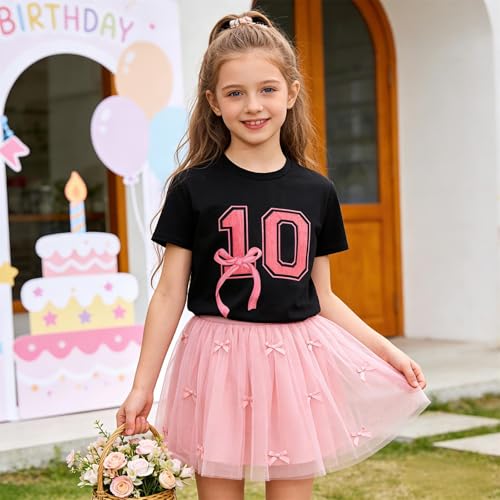 Image of Girl Birthday Shirt 10th Birthday T-Shirt Bow 10 Year Old Bday Short Sleeve Tee Top Tenth Party Outfit