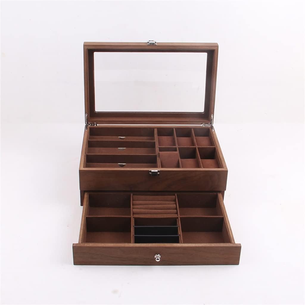 XBTGS Organizador de relojes de madera de 6 + 3 rejillas, cerradura de cristal, doble capa, retro, para gafas, joyero, caja de almacenamiento, ataúd