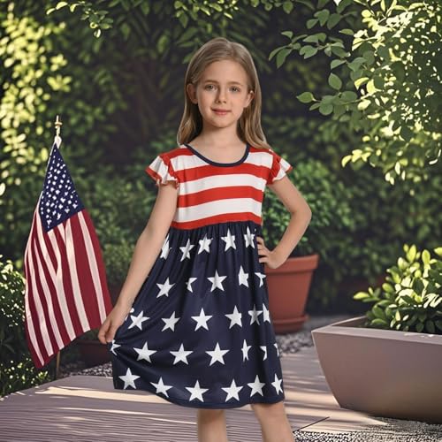 RONGTAI Girls 4th of July Dress Kids American Flag Patriotic Stars Striped Summer A Line Dresses for Kids Independence Day2