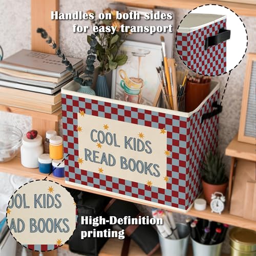 Image of Book Kids Classroom Storage Bins Box with Handles, Cool Kids Read Books Red Blue Checkered Collapsible Basket Organizer for Boys Girls Bedroom Reading Corner Nook Room Books Clothes