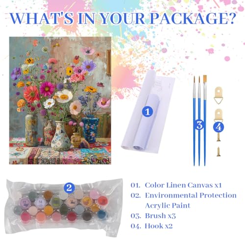 Image of HASTHIP DIY Paint by Numbers Kit for Adults & Kids, Retro Aesthetic Wildflower Bouquet Painting on Canvas, DIY Wall Art Acrylic Number Painting Kit with Brushes & Numbered Pigments, 40x50cm