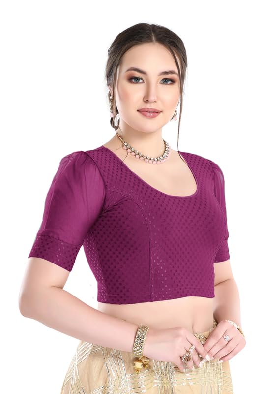 Image of FINESTFIT Stay On Trend Fashion 100% Cotton Readymade Blouses for Women,Round Neckline with Organza Balloon Sleeves.
