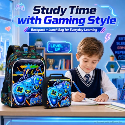 Image of CCJPX 3Pcs Gamer Backpack for Boys, 16 inch Kids Bookbag with Lunch Box, Cool Water Resistant Schoolbag for Preschool Kindergarten Toddler(Black)