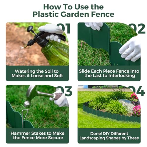 HIKUIBU Garden Edging Border, 25PCS Plastic Landscape Edging Border No Dig, Garden Fence Edgings with 15 Landscaping Stakes, Garden Border Edging for Outdoor Patio Pathway, Green - Thumbnail 4