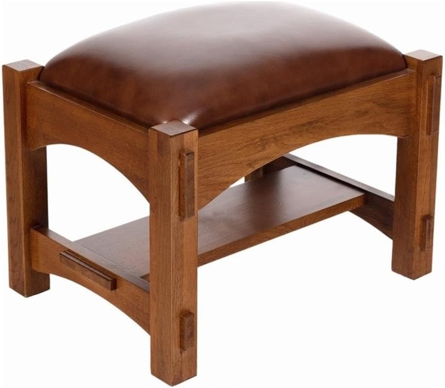 Pemberly Row Mission Foot Stool, Chestnut Finish, Quarter-Sawn Oak Frame, Reddish-Brown Leather Cushion, Durable Mortise and Tenon Joinery, Versatile Ottoman or Footrest for Living Room Seating