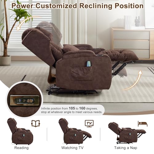 Image of DRMBOOK Power Recliner Chair, Electric Wall Hugger Reclining Sofa with Massage & Heat, Overstuffed Theater Seating with LED /USB Port /Cup Holders for Living Room (Velvet Brown, 1 Chair)